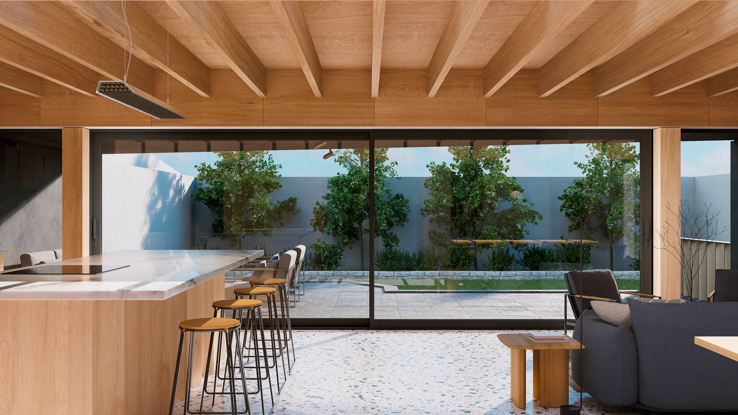 Interior con una corredera elevable de aluminio abierta a la terraza