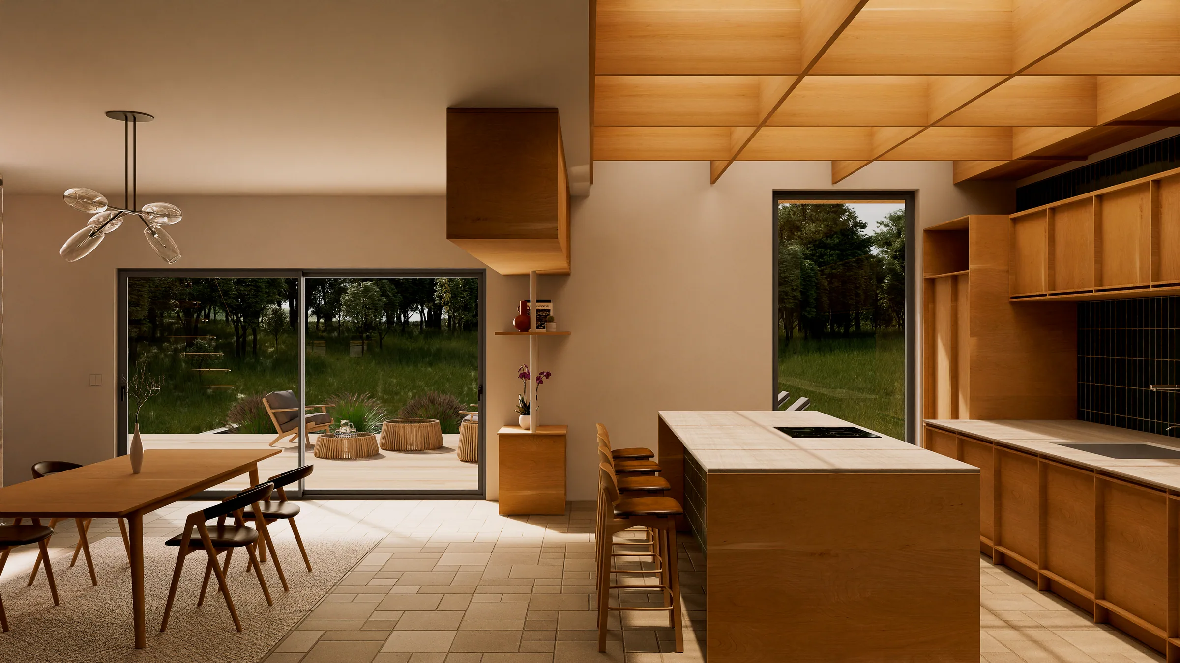 Interior con una corredera en línea de aluminio abierta a la terraza