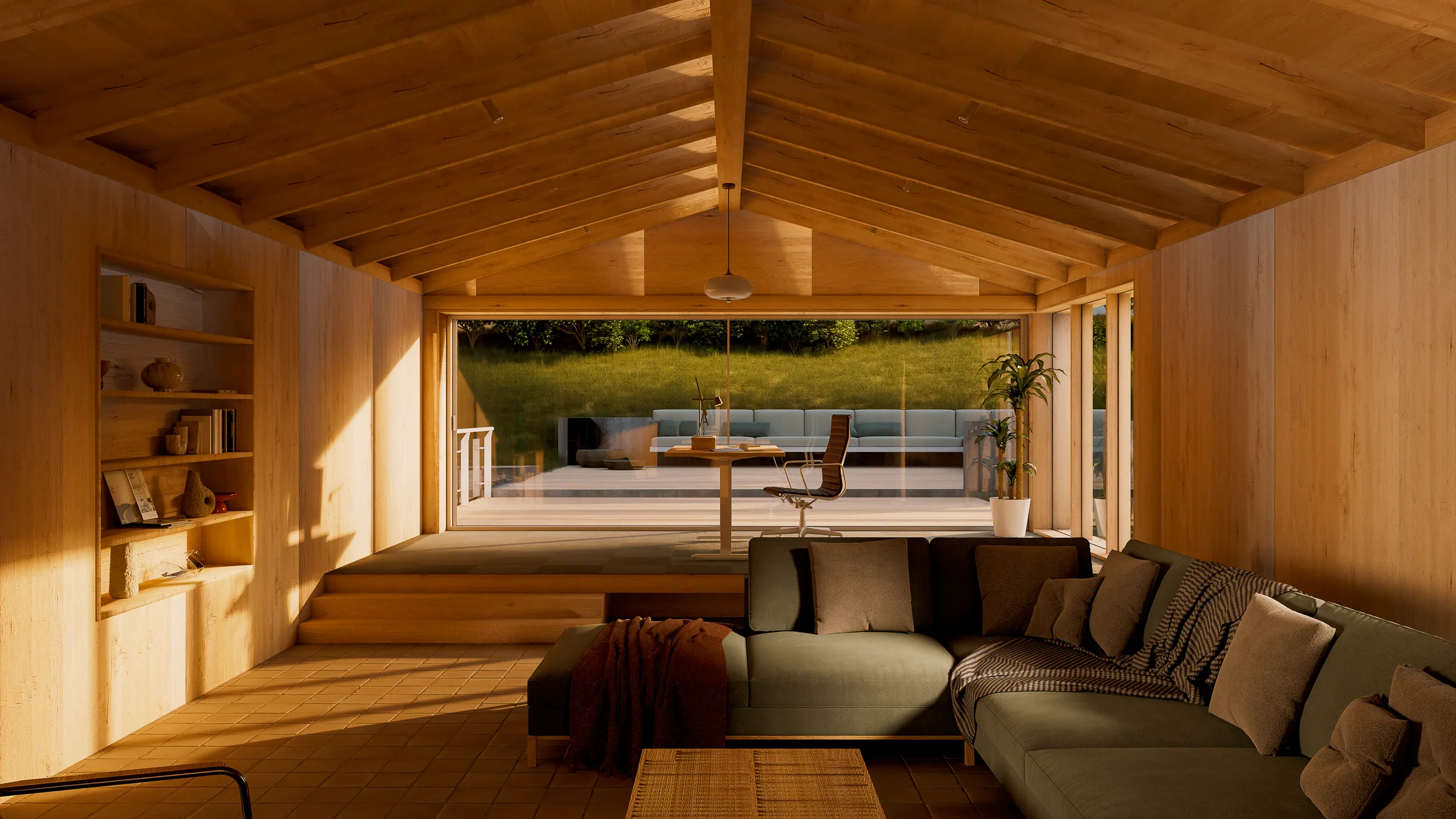 Salón de madera con una corredera minimalista de aluminio abierta de par en par a la terraza