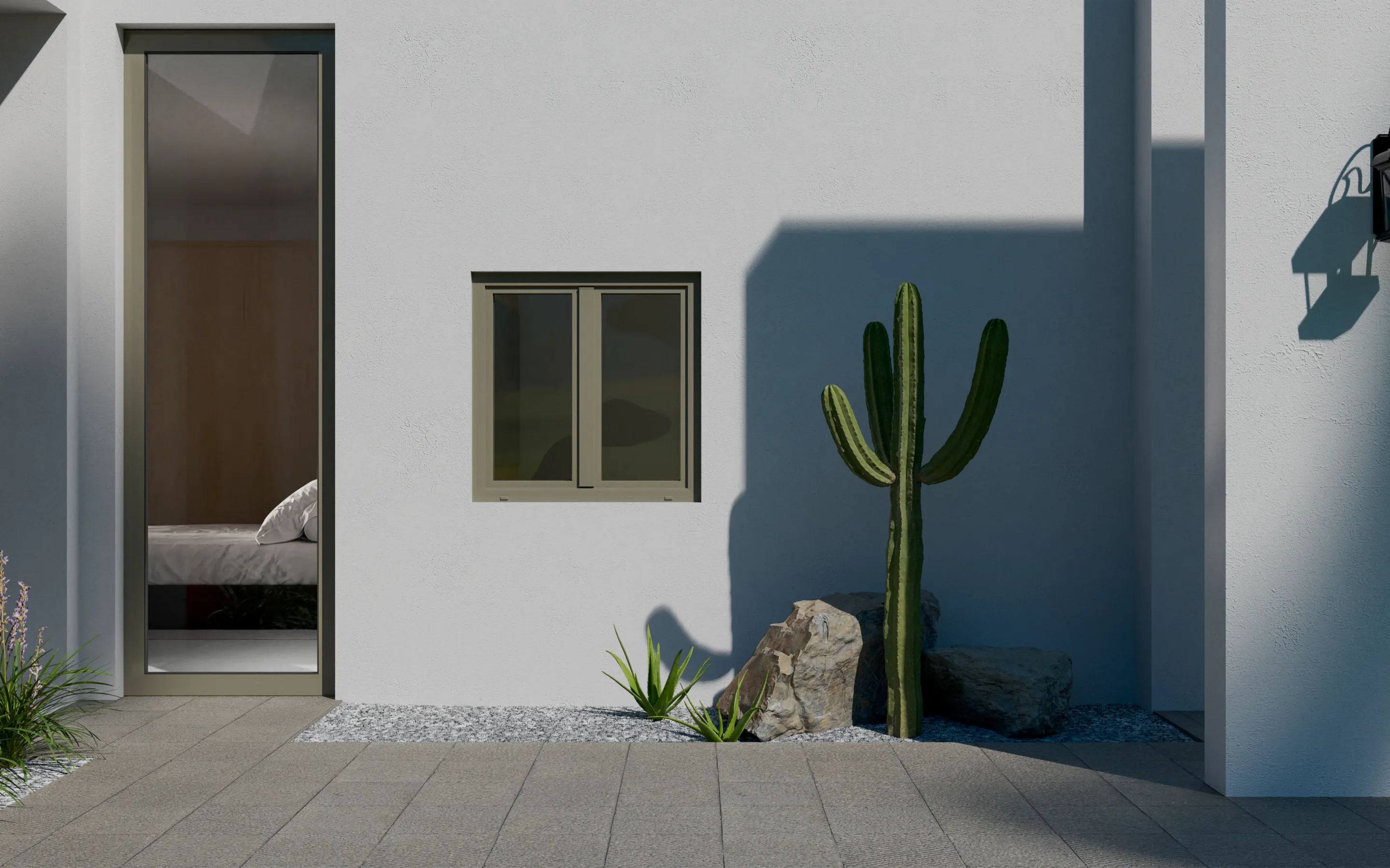 Ventana practicable de PVC en una vivienda moderna rodeada de vegetación