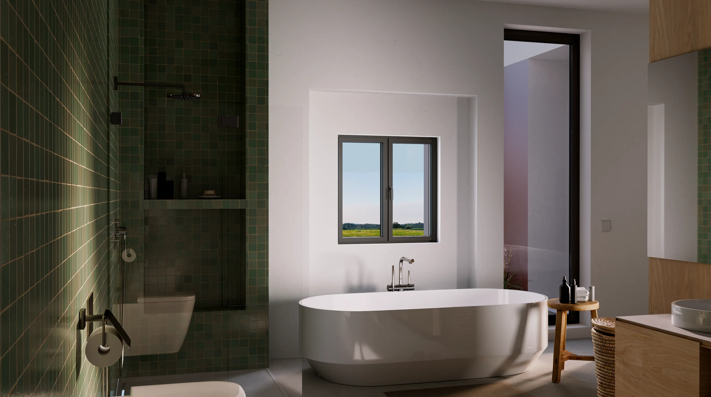 Baño con ventana practicable de aluminio sobre la bañera