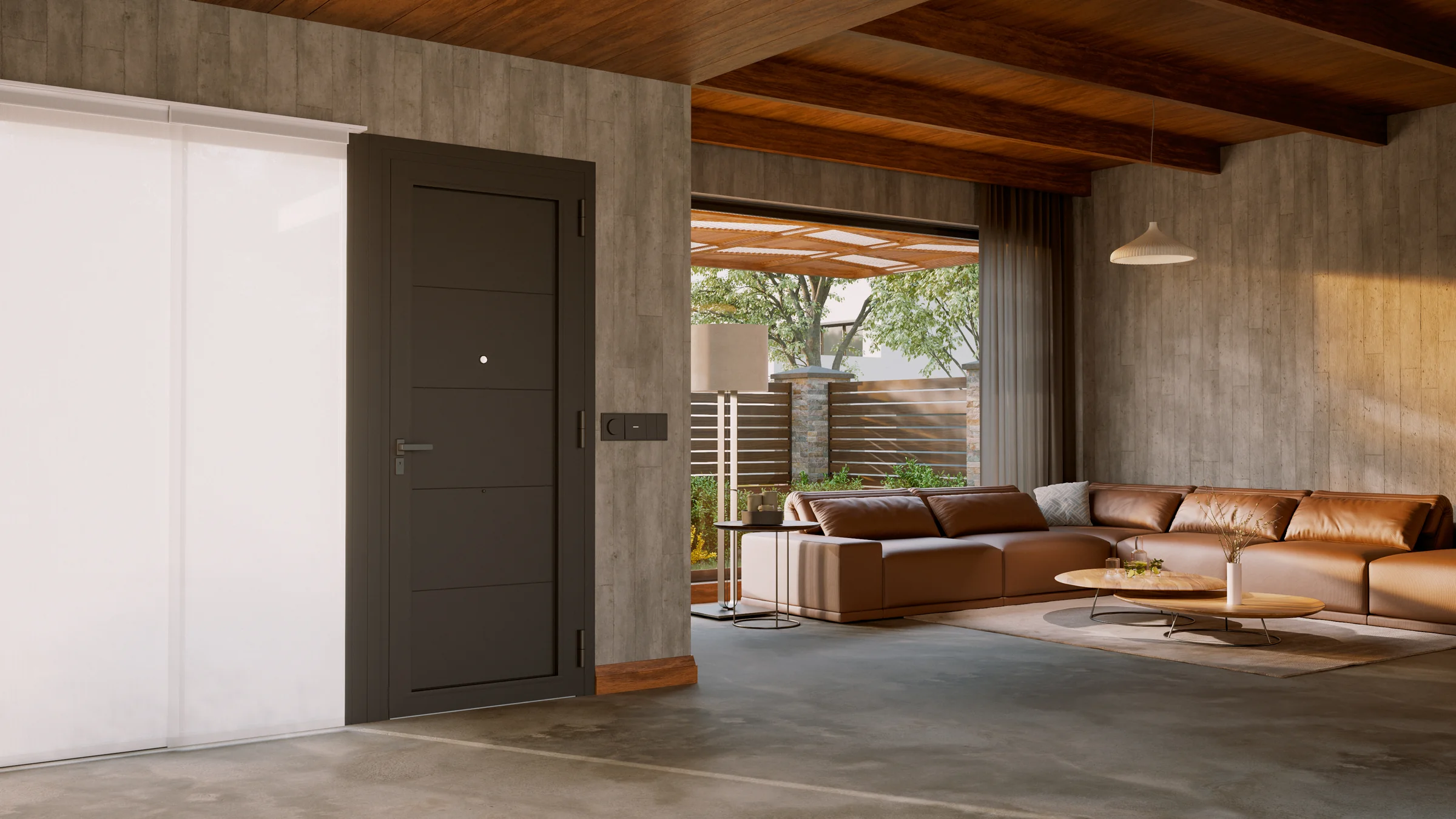 Salón moderno con puerta de aluminio y salida al jardín