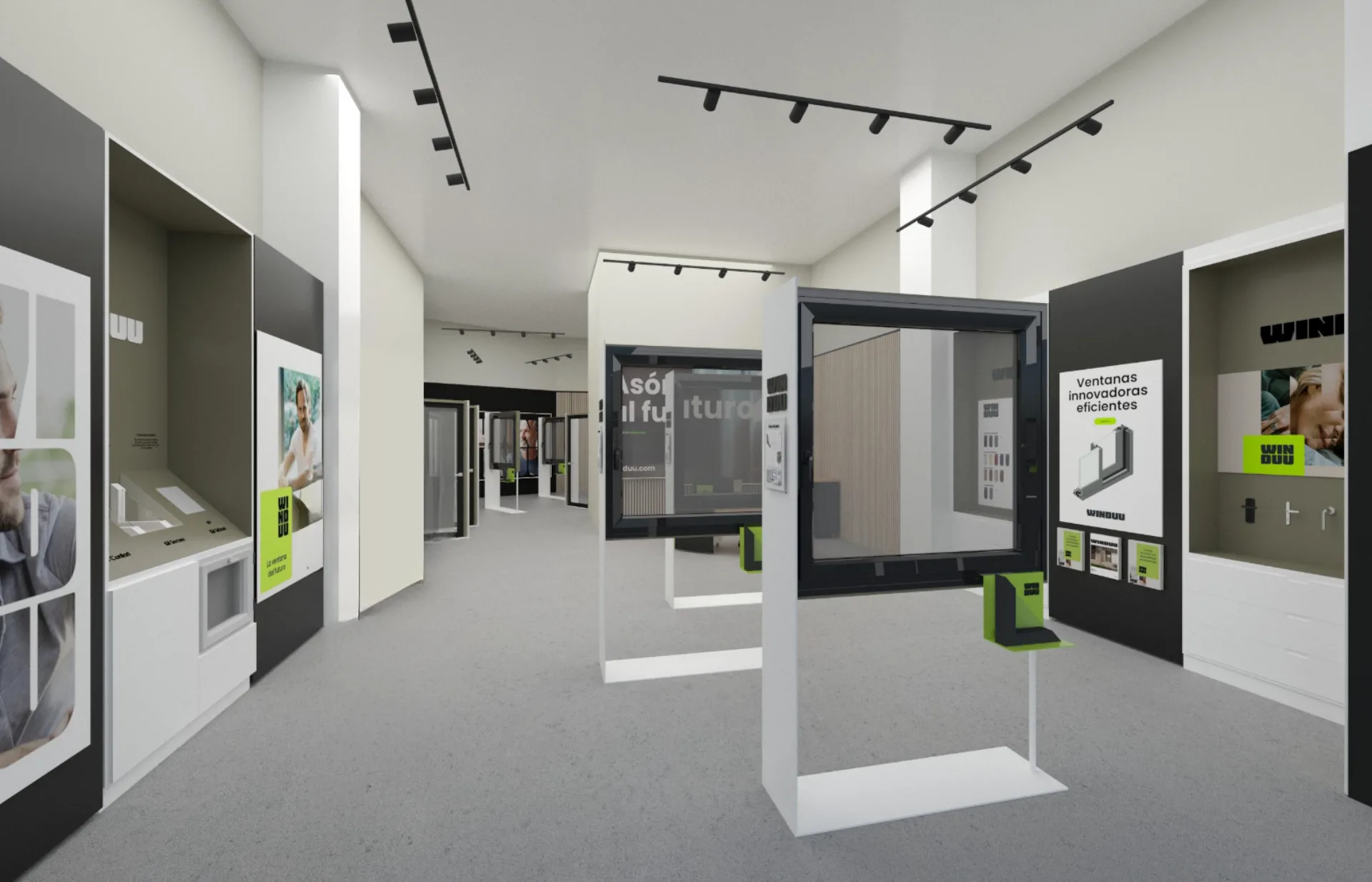 Interior de un showroom Winduu con expositores iluminados